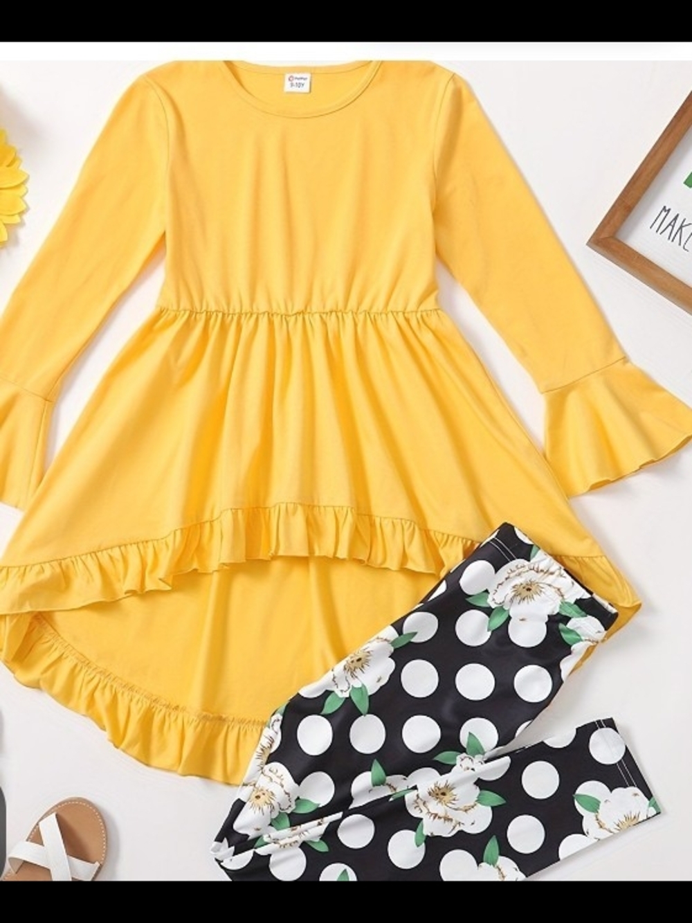 PatPat Yellow Ruffle Hi-Low Top with Black Polka Dot Floral Leggings
